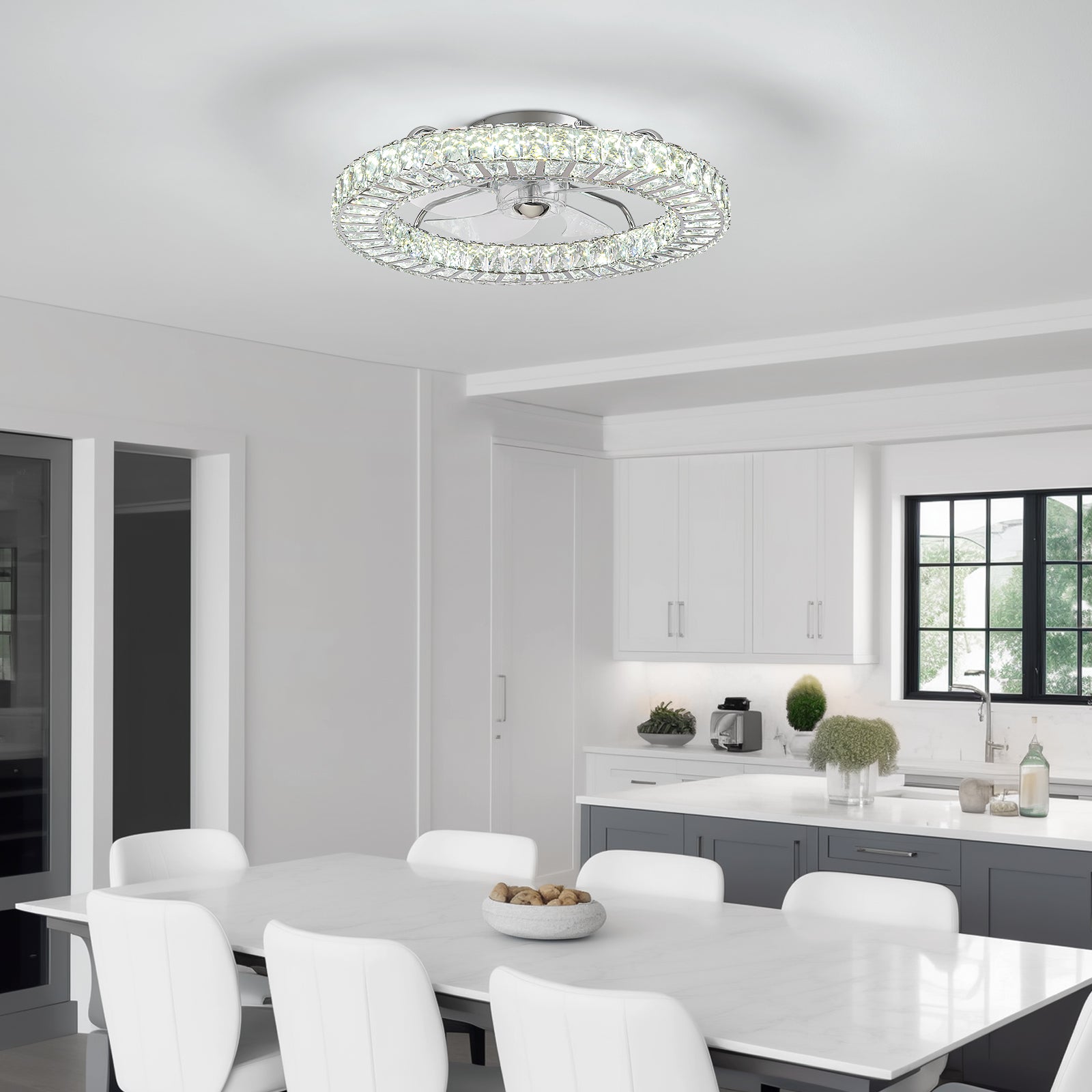 22 in. Chrome Indoor Crystal Ceiling Fan with LED Lights and Remote Flush Mount Ceiling Fan