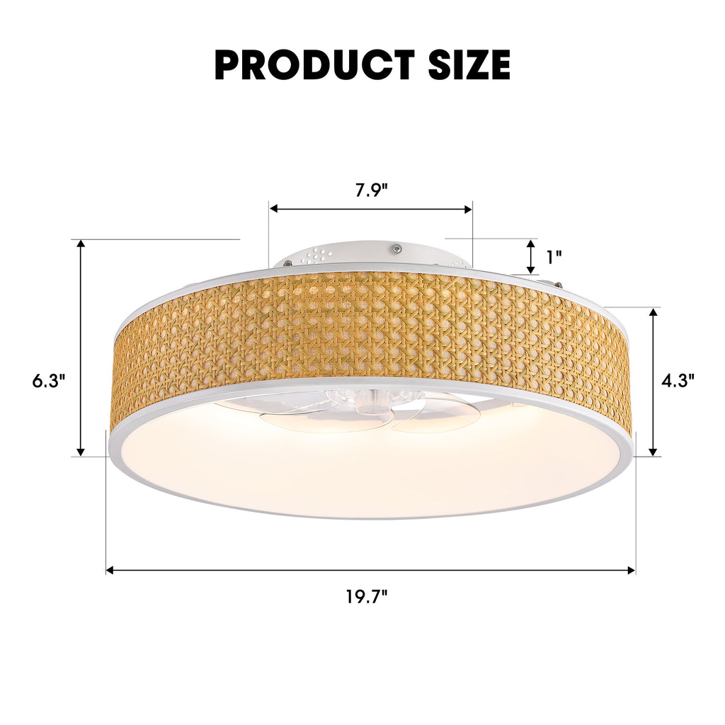 20 in. Smart Indoor Standard White Boho Flush Mount Rattan Ceiling Fan with Light and Remote Low Profile Ceiling Fan