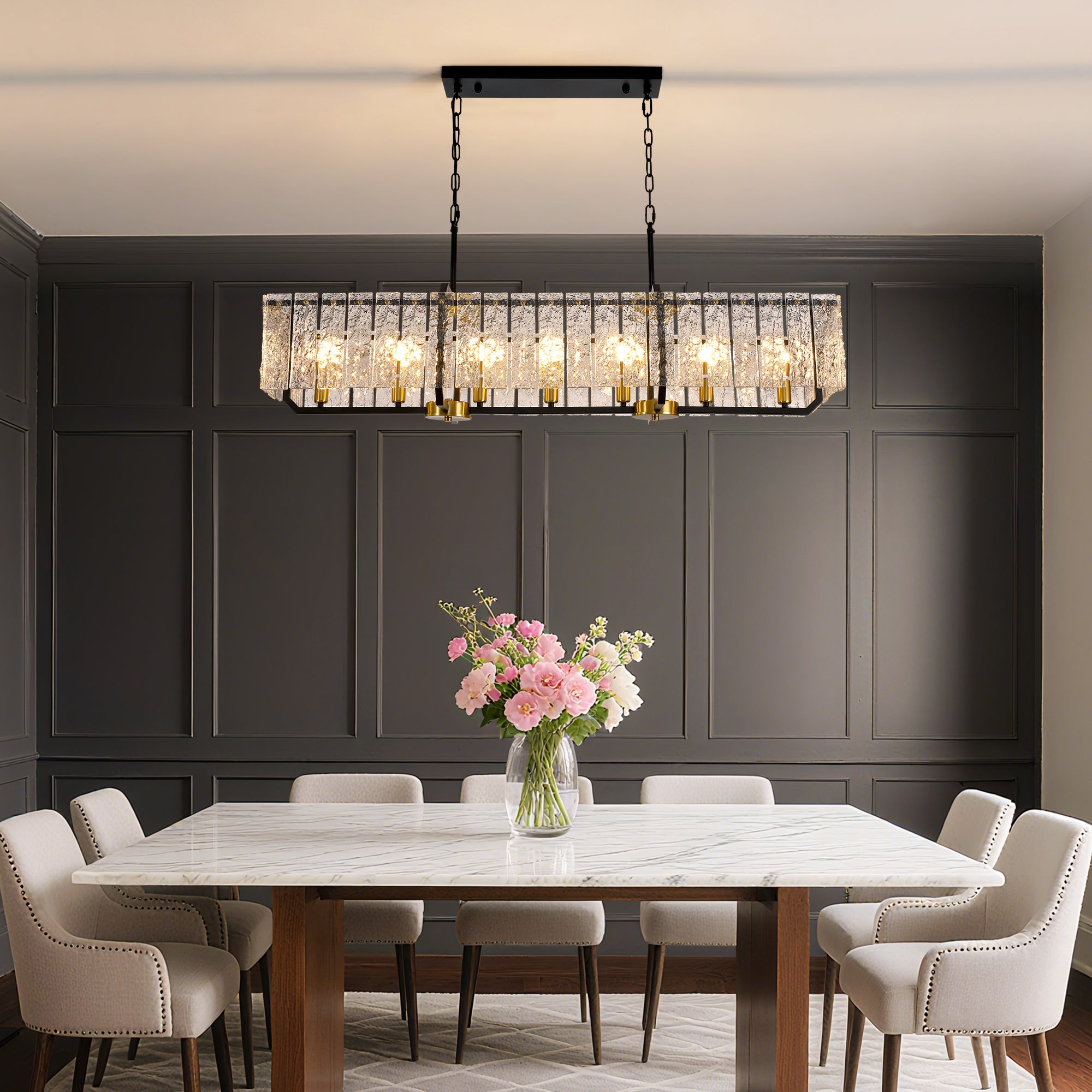 46.5 in. Modern Dimmable 7-Light Rectangle Black and Gold Crystal Chandelier for Dining Room and Living Room
