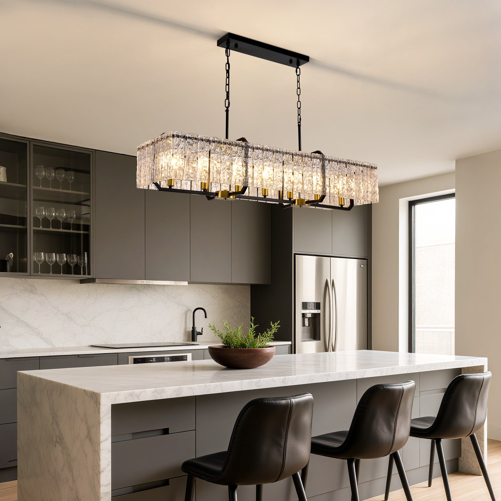 46.5 in. Modern Dimmable 7-Light Rectangle Black and Gold Crystal Chandelier for Dining Room and Living Room