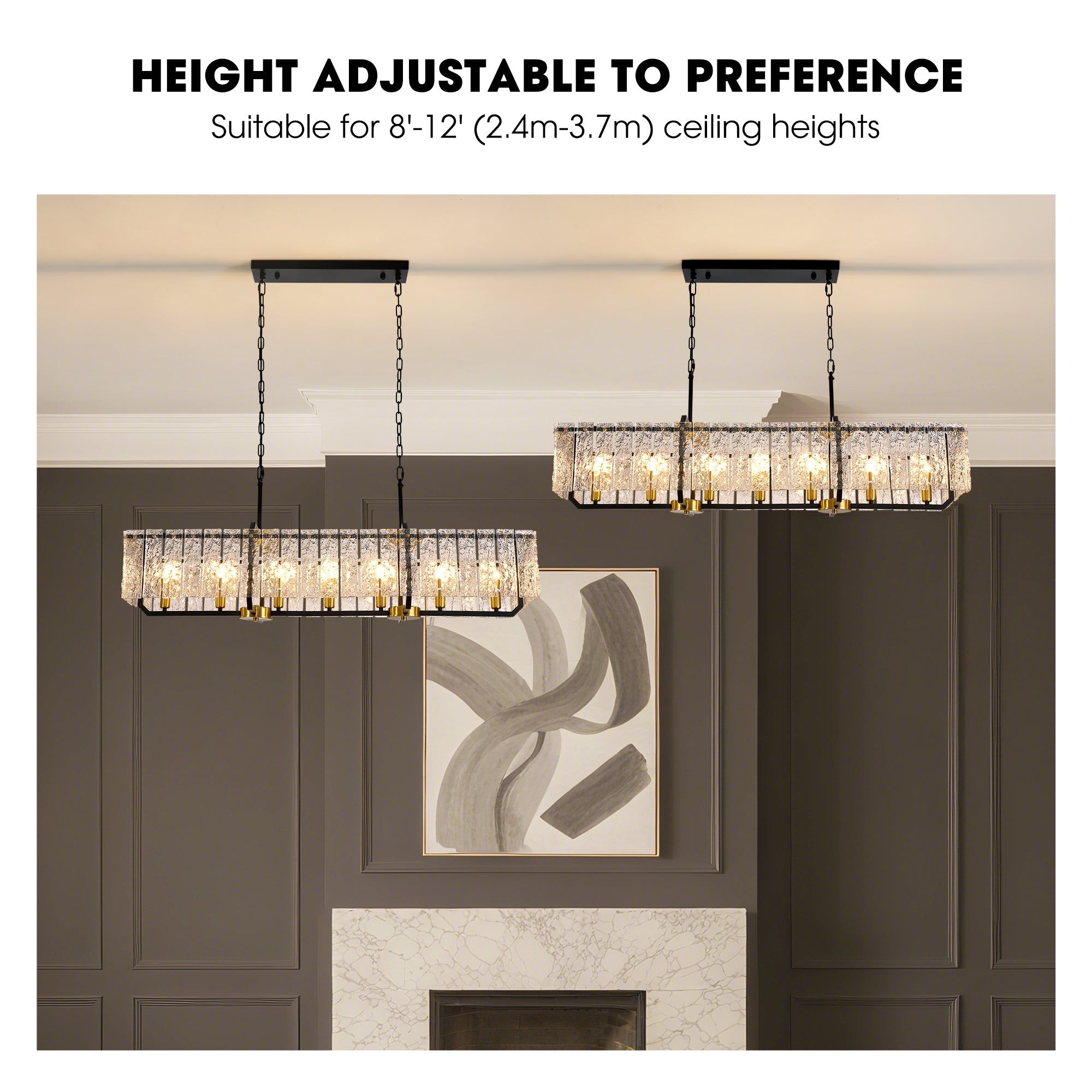 46.5 in. Modern Dimmable 7-Light Rectangle Black and Gold Crystal Chandelier for Dining Room and Living Room