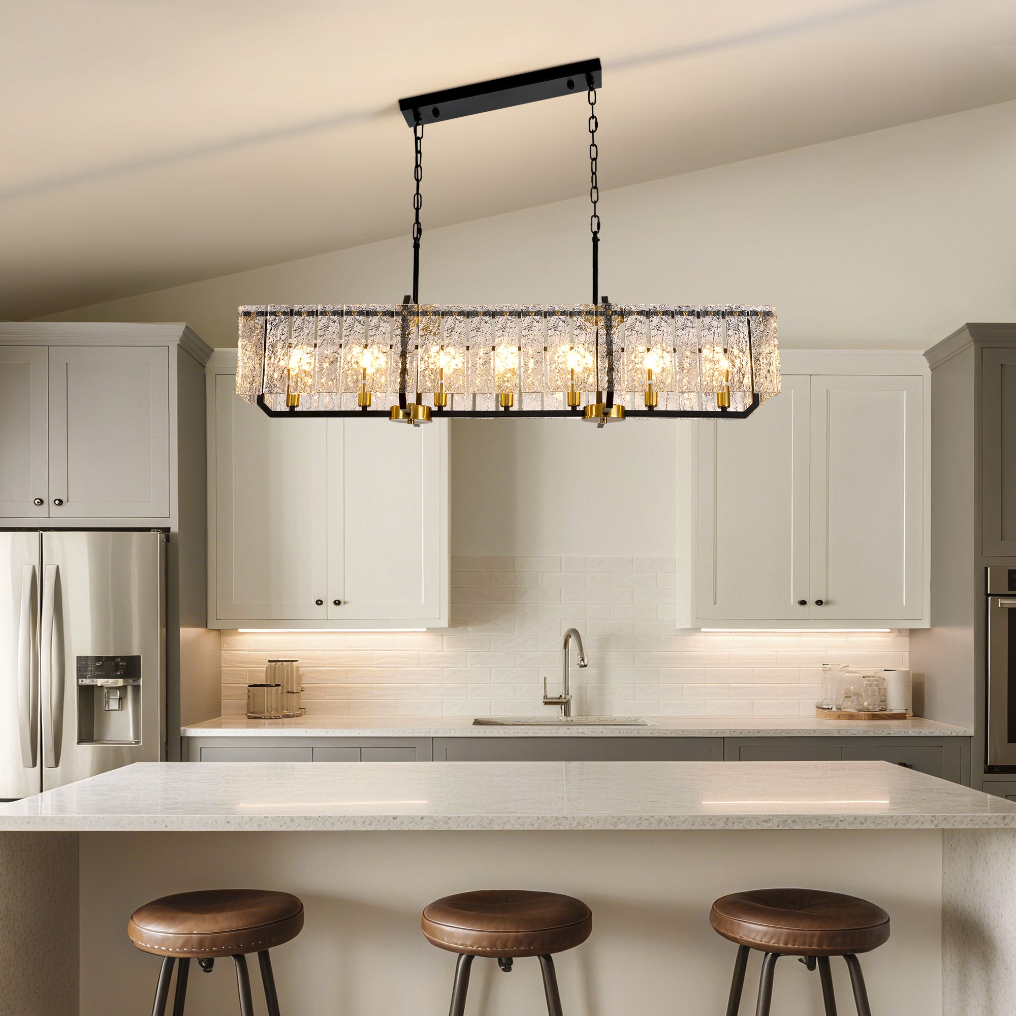 46.5 in. Modern Dimmable 7-Light Rectangle Black and Gold Crystal Chandelier for Dining Room and Living Room
