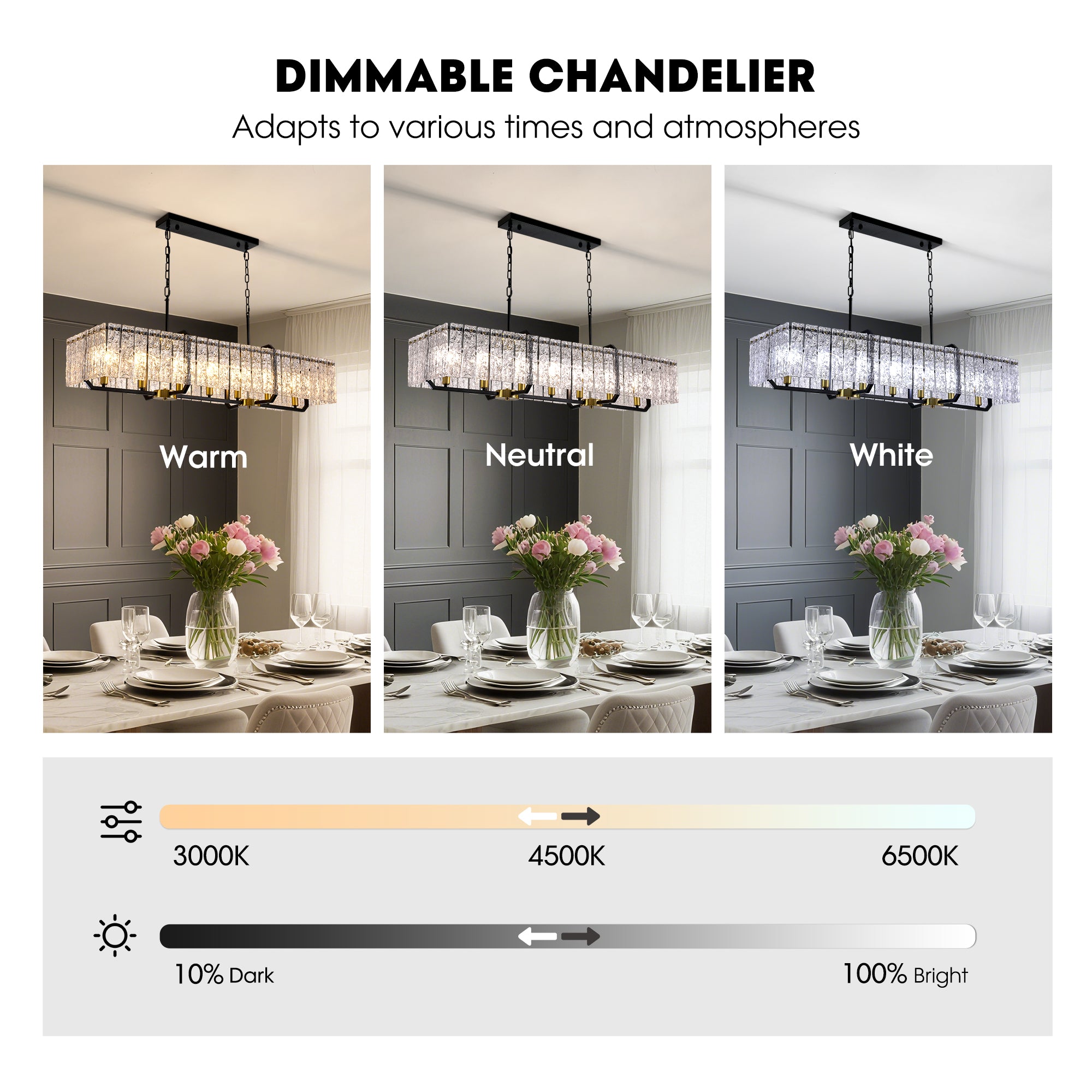 46.5 in. Modern Dimmable 7-Light Rectangle Black and Gold Crystal Chandelier for Dining Room and Living Room