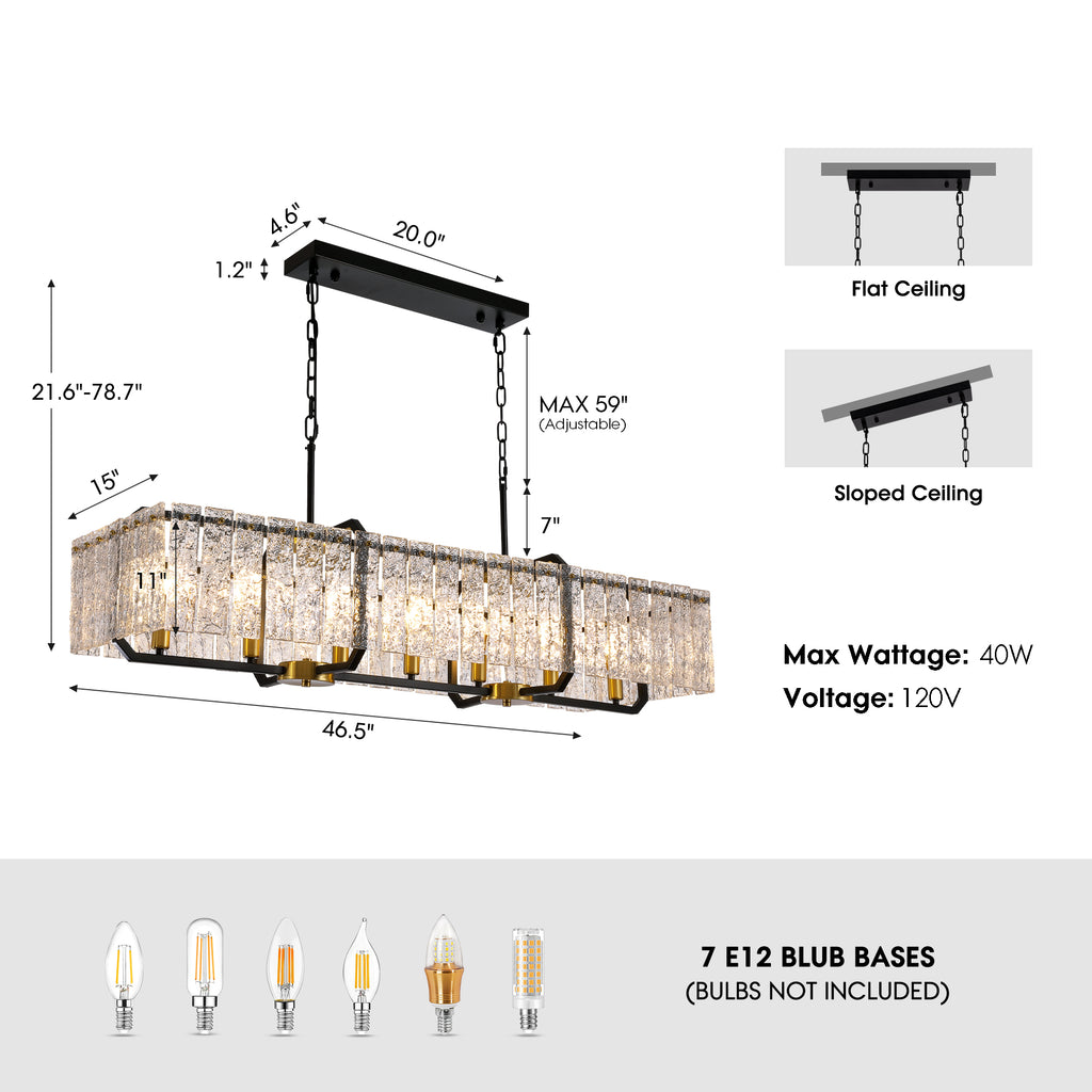 46.5 in. Modern Dimmable 7-Light Rectangle Black and Gold Crystal Chandelier for Dining Room and Living Room