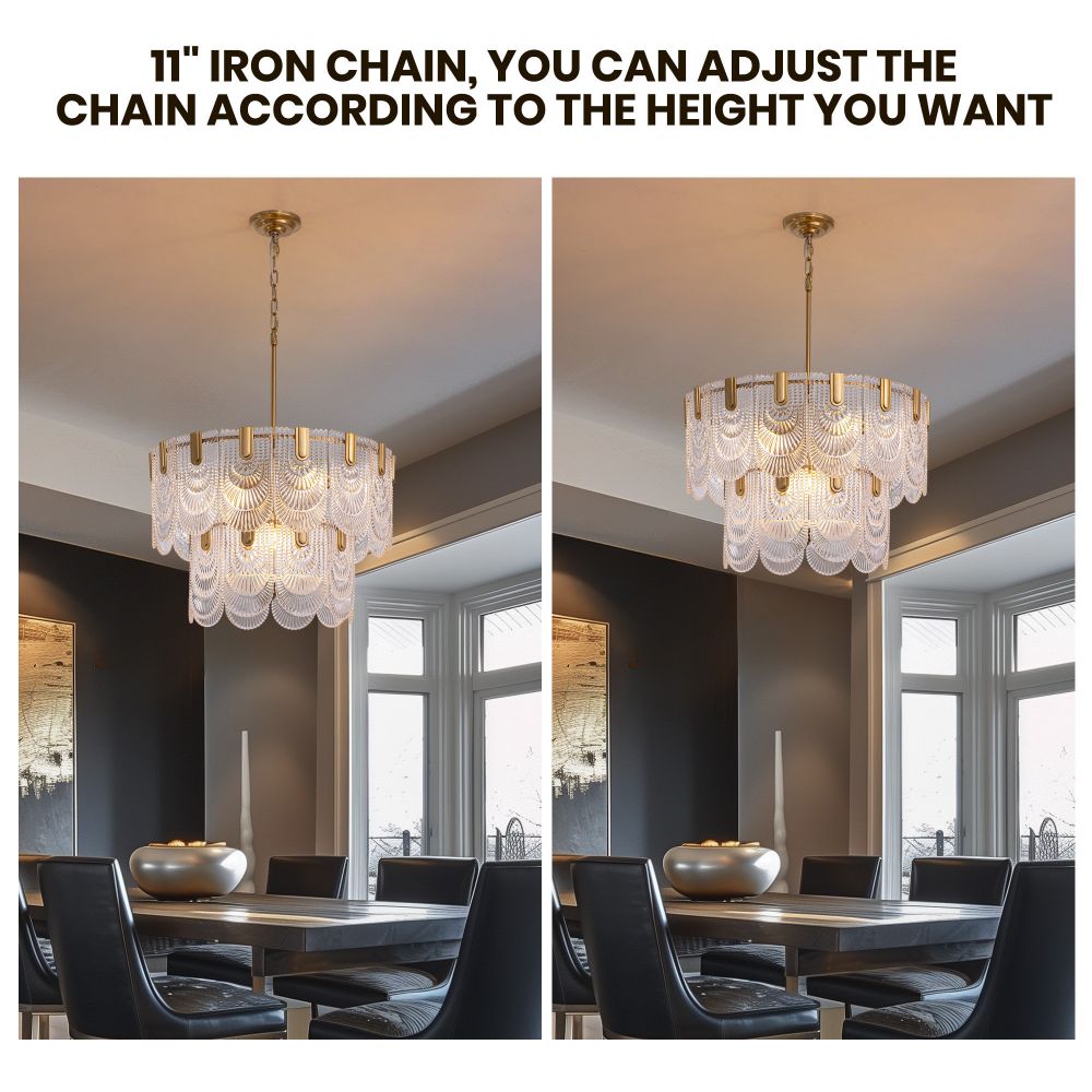 24 in. 9-Light Glass Modern Gold Chandelier for Dining Room and Living Room
