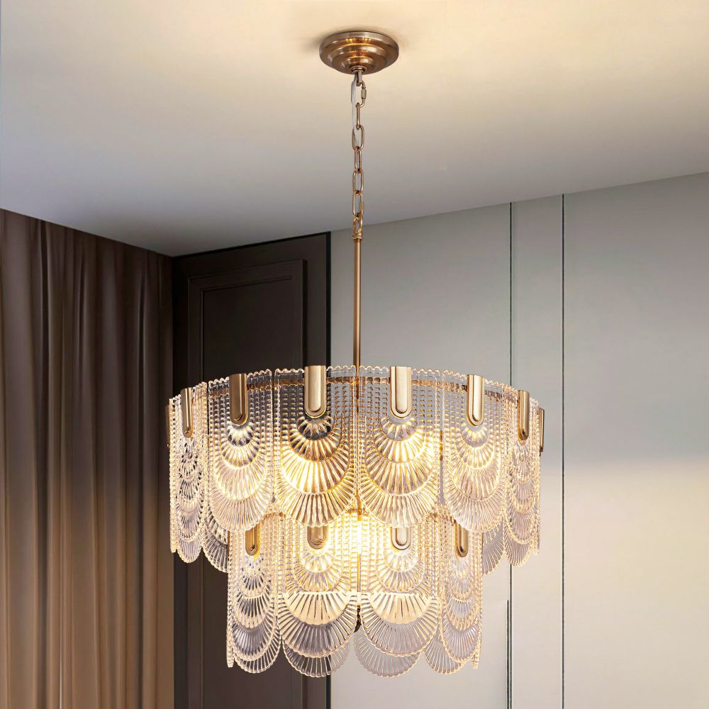 24 in. 9-Light Glass Modern Gold Chandelier for Dining Room and Living Room