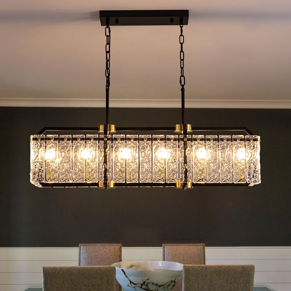 39 in. Modern 6-Light Rectangle Black Crystal Chandelier for Dinning Room