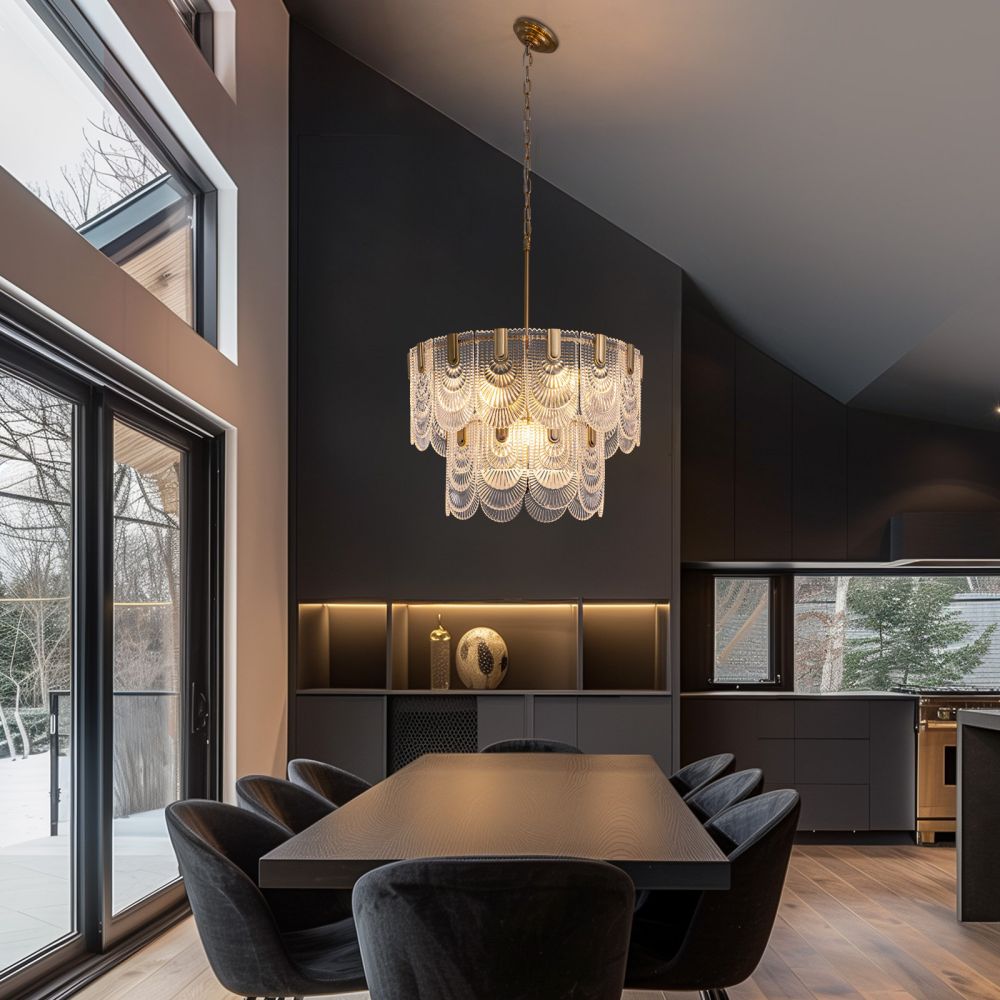 24 in. 9-Light Glass Modern Gold Chandelier for Dining Room and Living Room