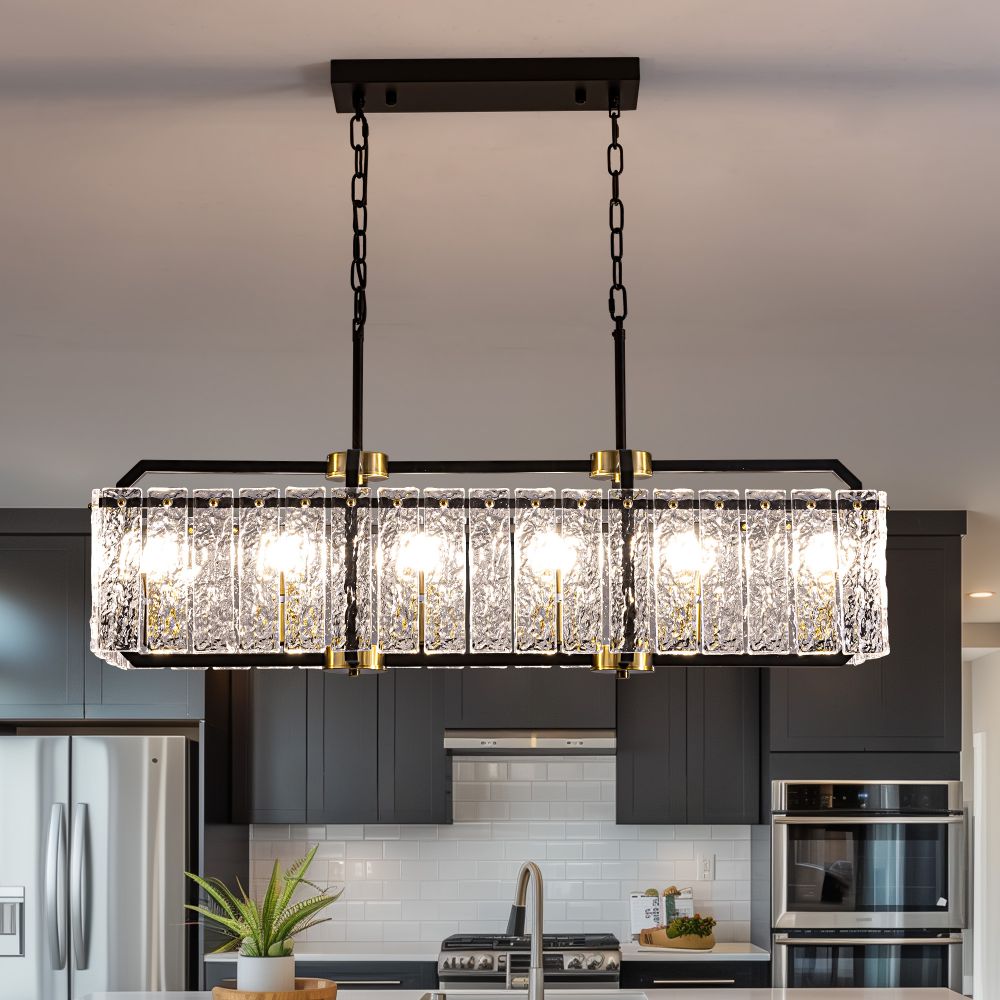 39 in. Modern 6-Light Rectangle Black Crystal Chandelier for Dinning Room