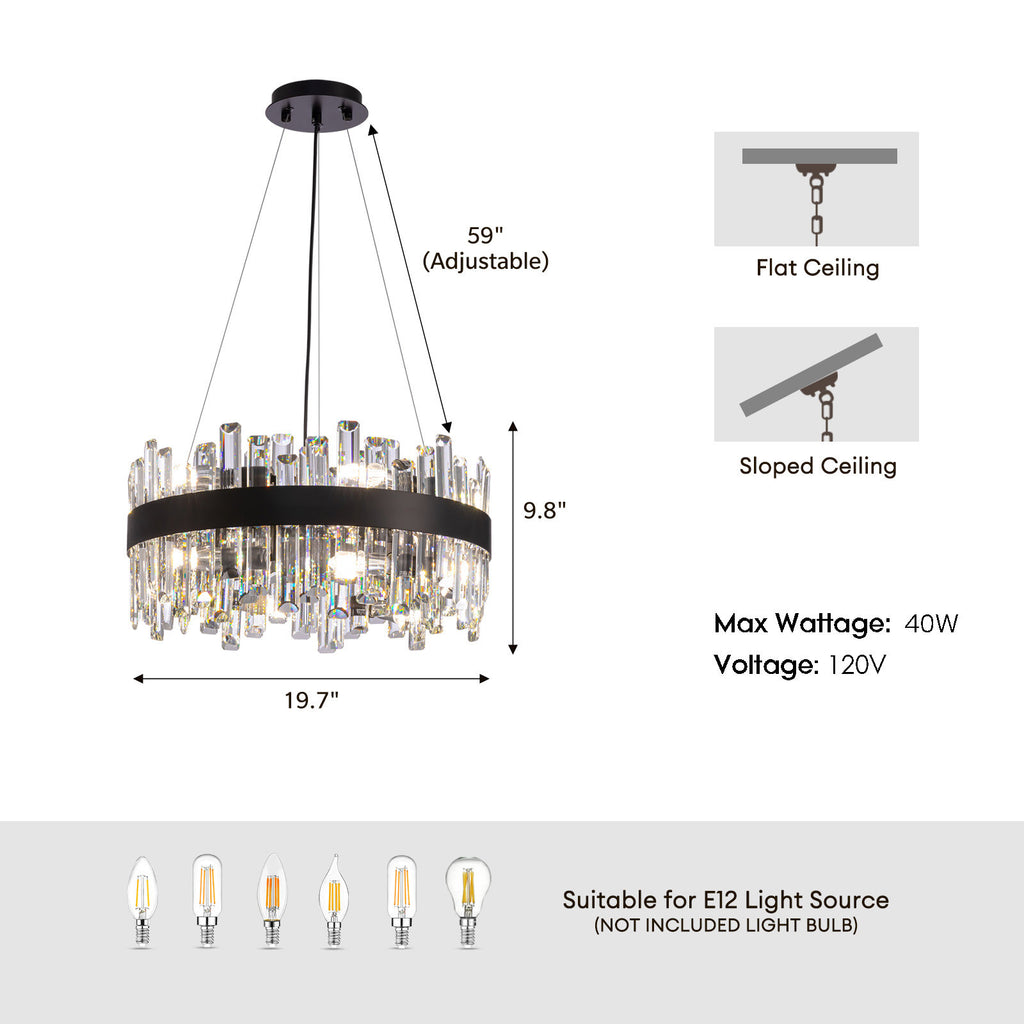 20 in. 12-Light Black Modern Crystal Chandelier with Light Dining Room or Kitchen