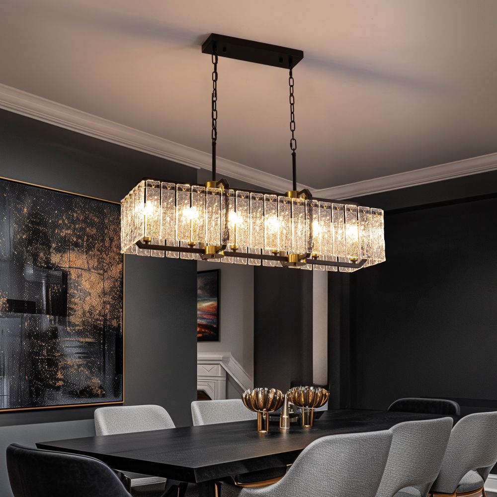 39 in. Modern 6-Light Rectangle Black Crystal Chandelier for Dinning Room