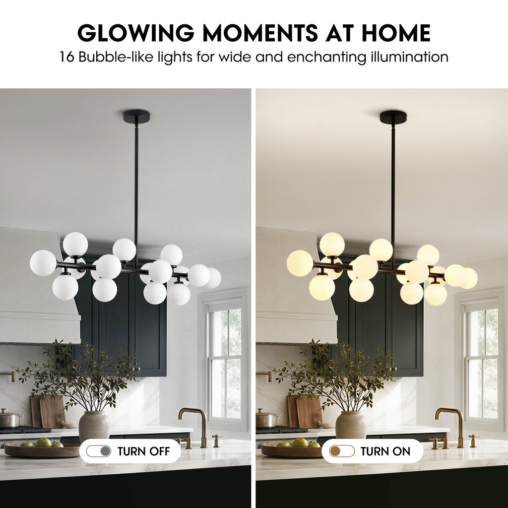 40 in. 16-Light Milky Black Glass Globe Chandelier for Dining Room and Living Room