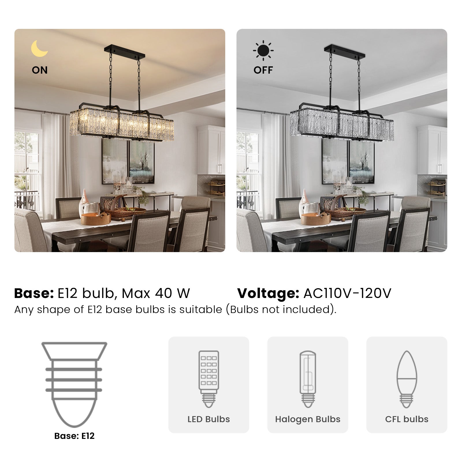 40 in. Modern Dimmable 6-Light Rectangle Black Crystal Chandelier for Dinning Room
