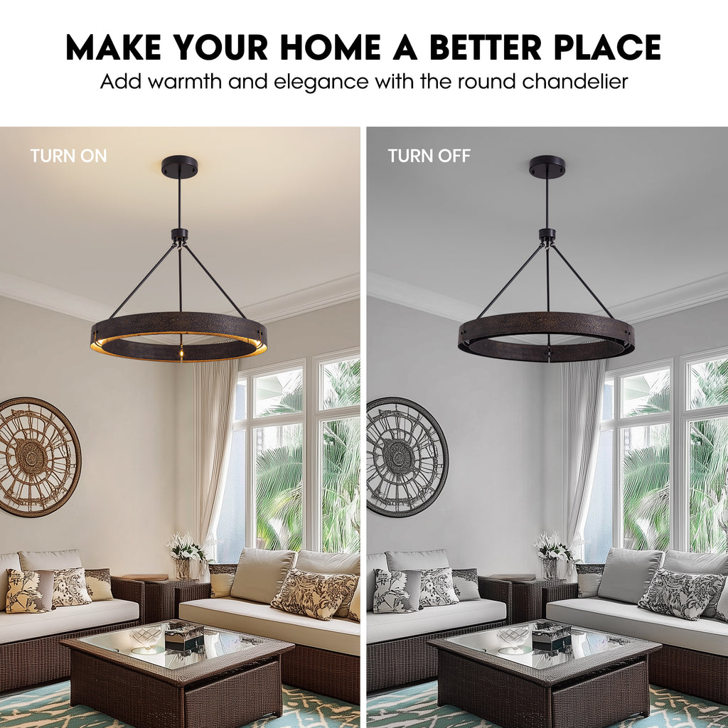 31.5" Rustic Round Chandelier With Integrated Led, Vintage Industrial Farmhouse Ceiling Light