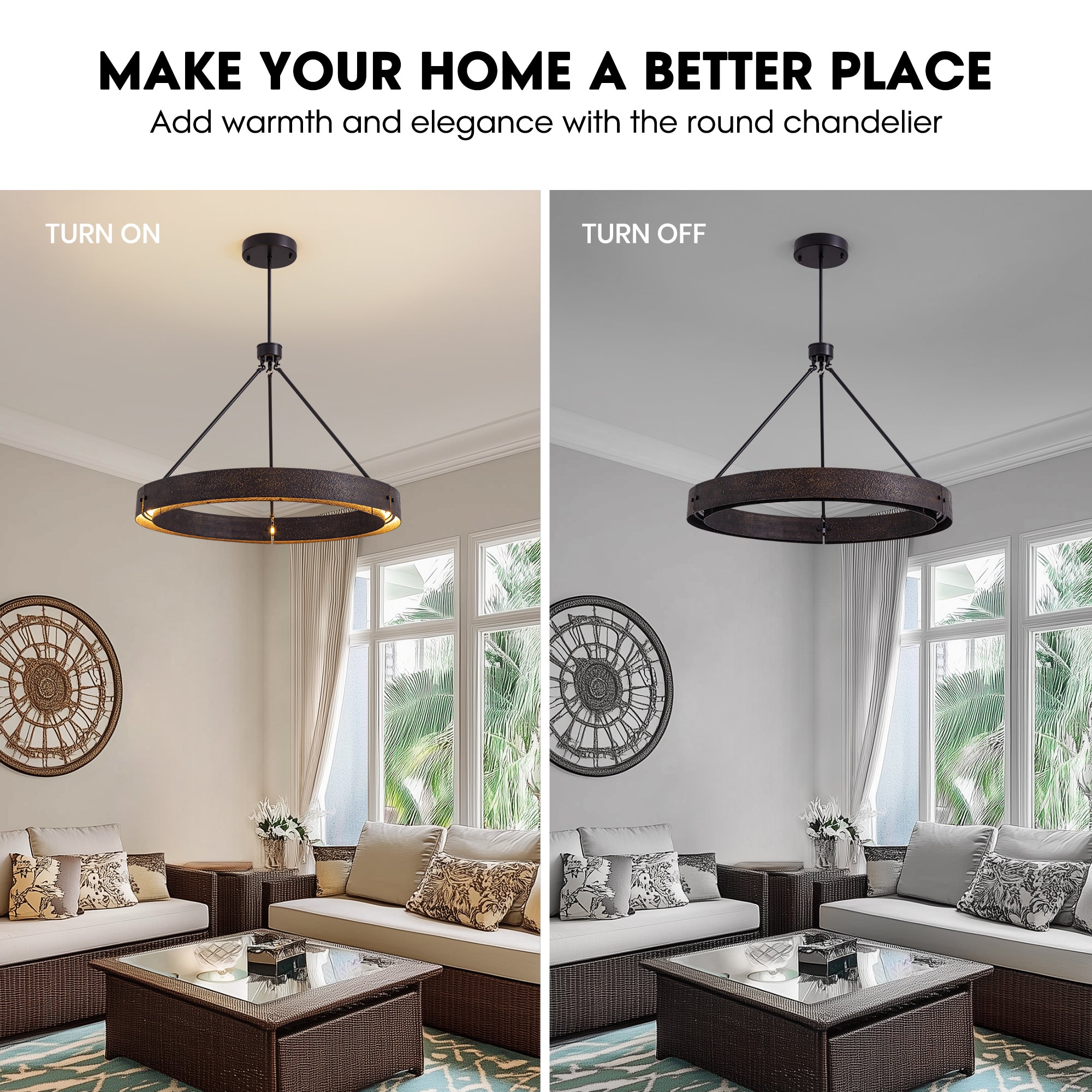 31.5" Rustic Round Chandelier With Integrated Led, Vintage Industrial Farmhouse Ceiling Light