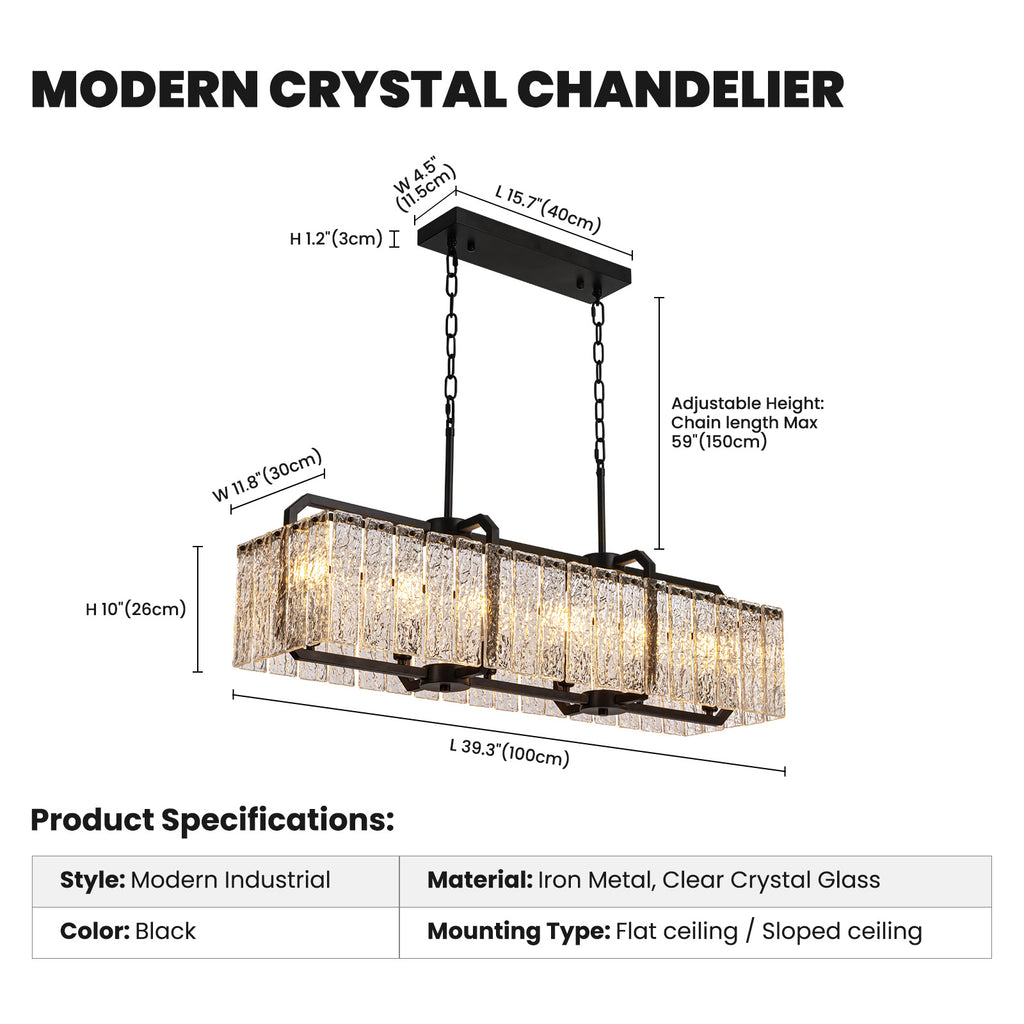 40 in. Modern Dimmable 6-Light Rectangle Black Crystal Chandelier for Dinning Room