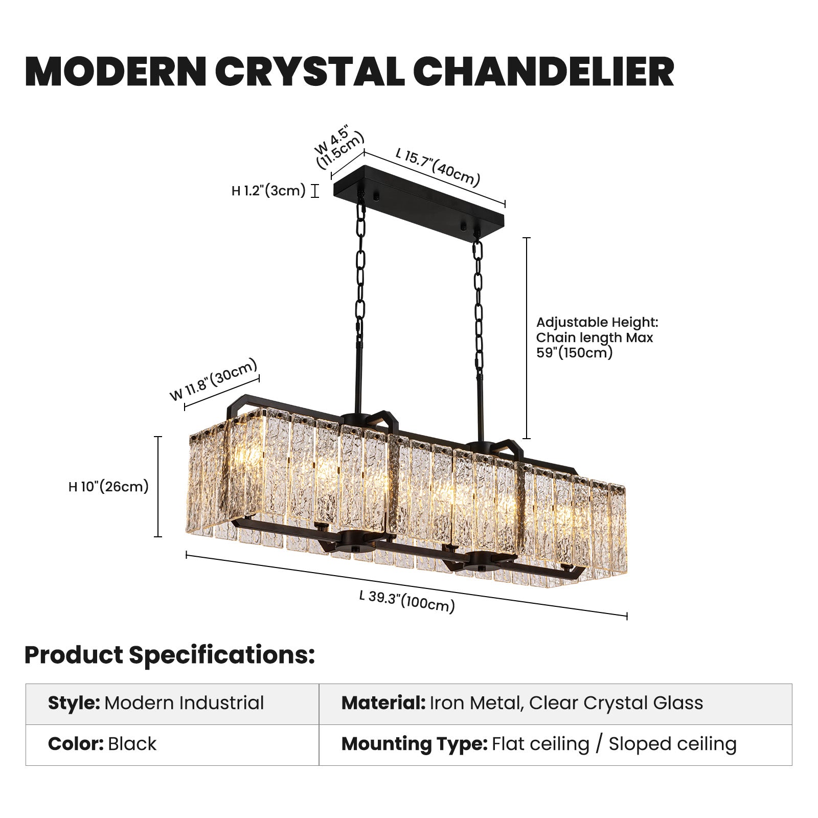 40 in. Modern Dimmable 6-Light Rectangle Black Crystal Chandelier for Dinning Room