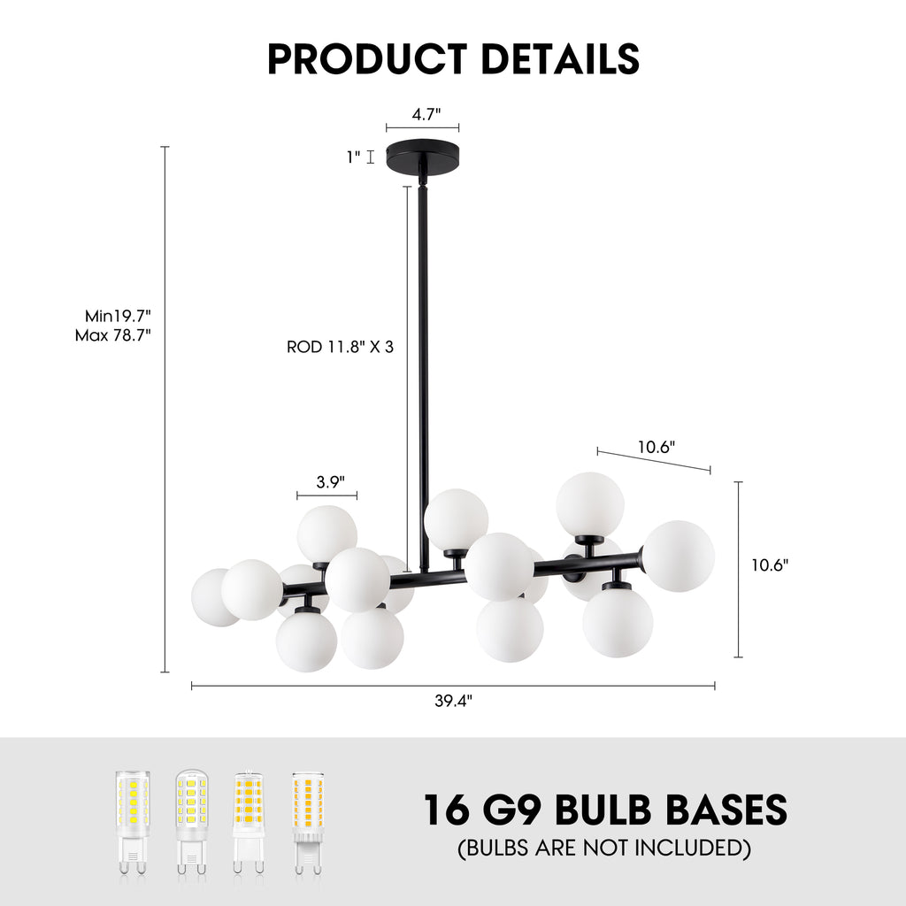 40 in. 16-Light Milky Black Glass Globe Chandelier for Dining Room and Living Room