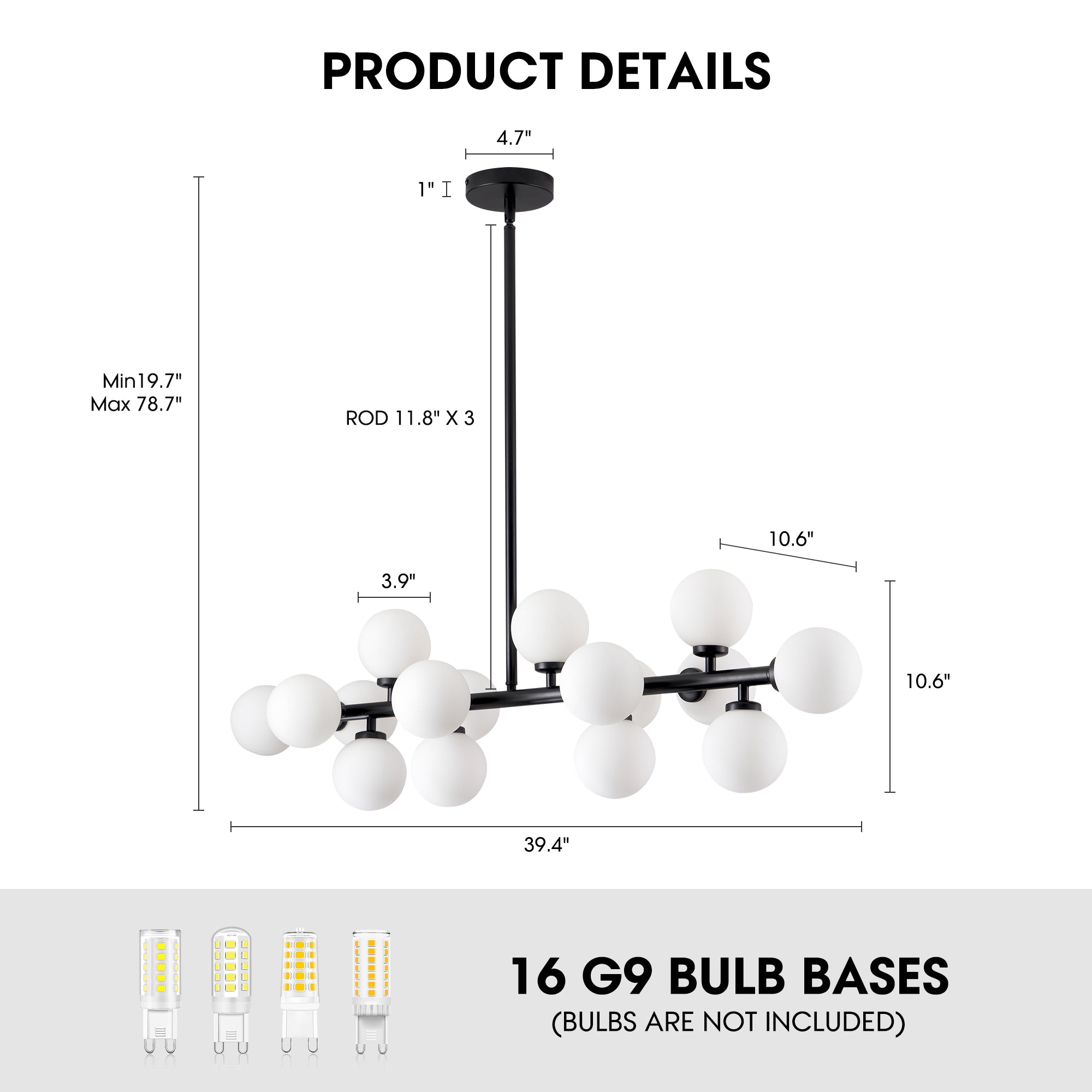40 in. 16-Light Milky Black Glass Globe Chandelier for Dining Room and Living Room