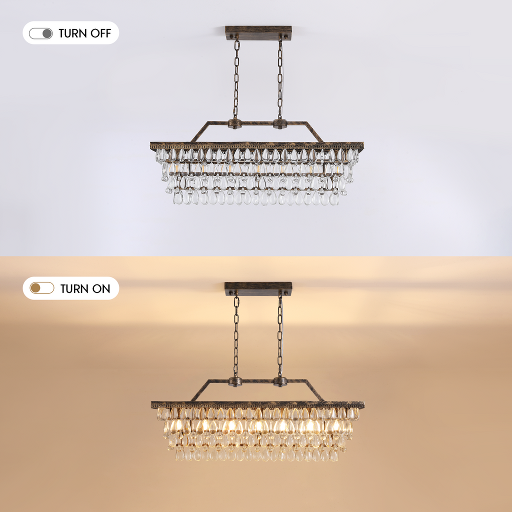 7-Light Dimmable Rustic Vintage Rectangle Tiered Crystal Chandelier with Antique Bronze Finish