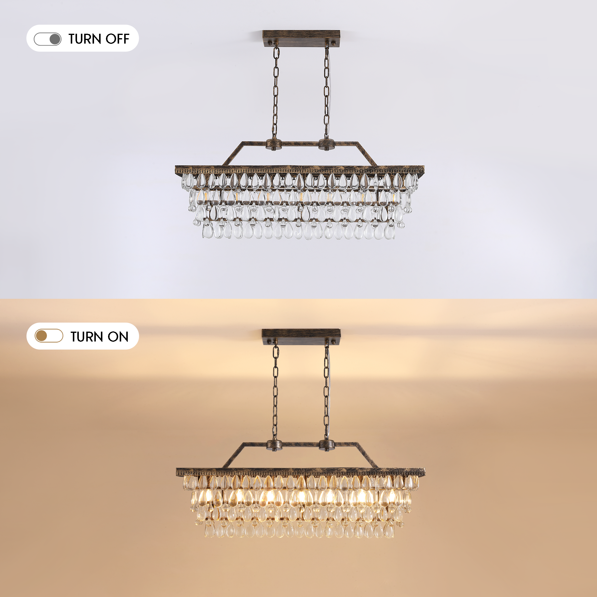 7-Light Dimmable Rustic Vintage Rectangle Tiered Crystal Chandelier with Antique Bronze Finish