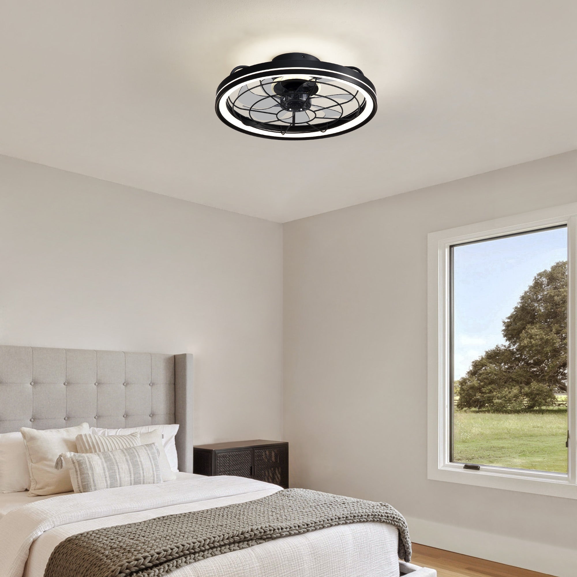 19 in. Indoor Black Caged Ceiling Fan with Integrated LED Light Modern Farmhouse Flush Mount Ceiling Fan