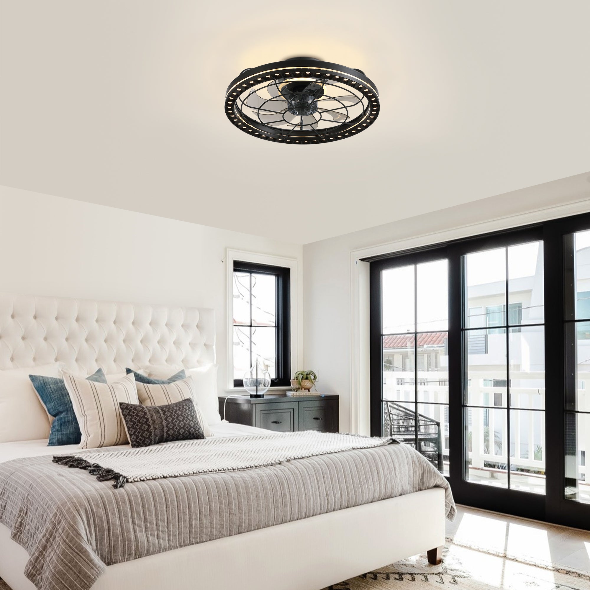 19 in. Indoor Black Low Profile Caged Ceiling Fan with Lights with Remote Included