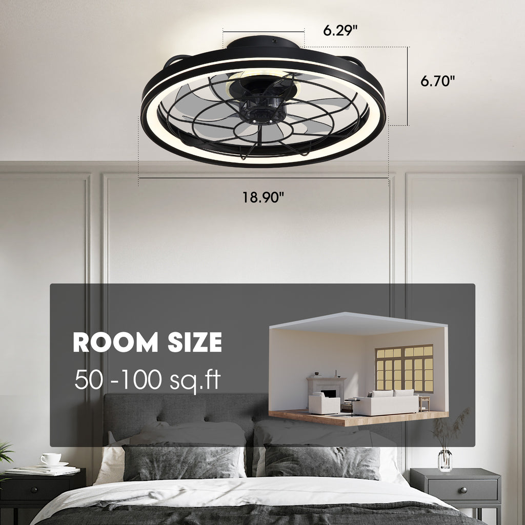 19 in. Indoor Black Caged Ceiling Fan with Integrated LED Light Modern Farmhouse Flush Mount Ceiling Fan
