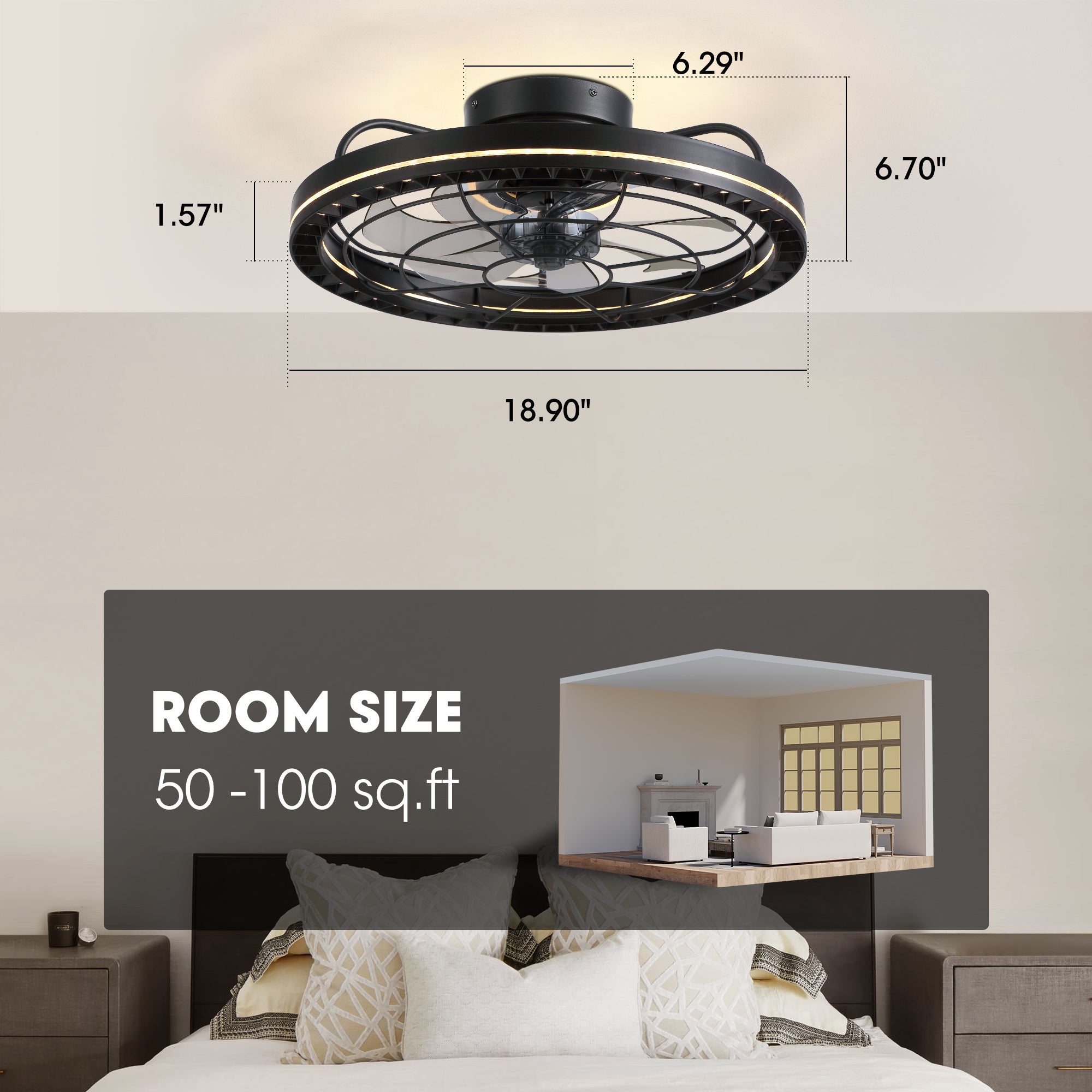19 in. Indoor Black Low Profile Caged Ceiling Fan with Lights with Remote Included