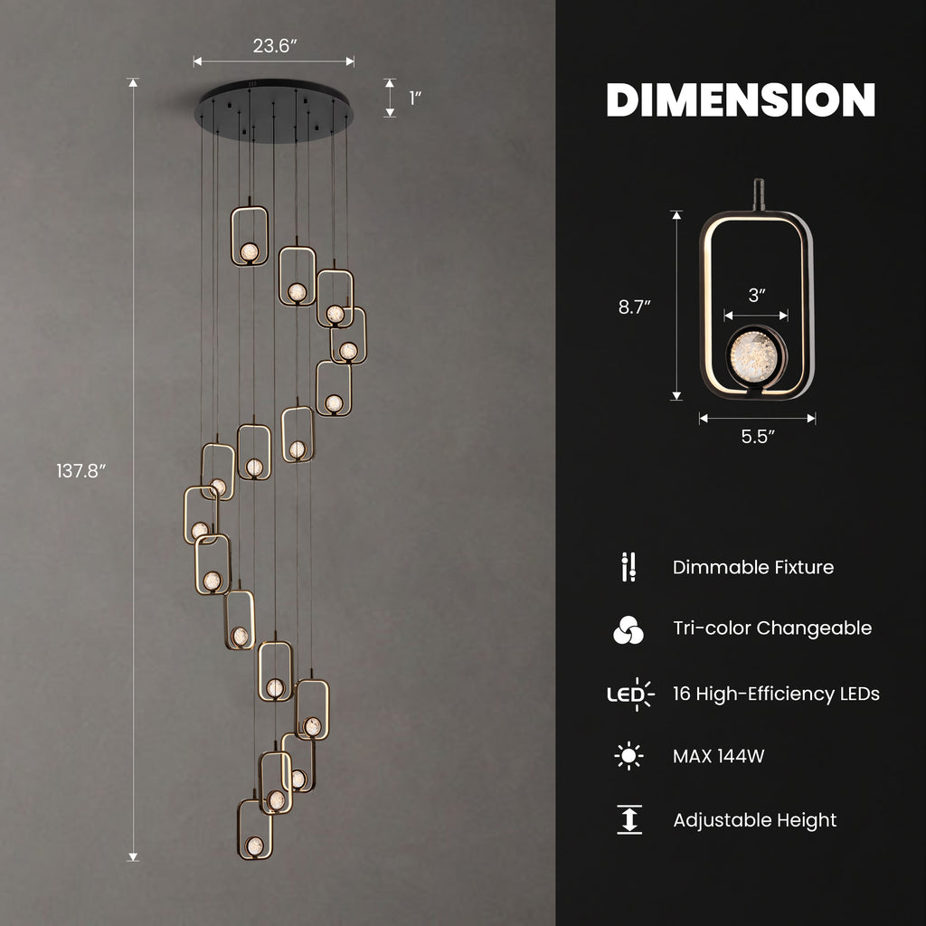 16-Light Black Cylinder Chandelier with Crystal Balls, Dimmable LED Lights & Remote Control for High Ceilings