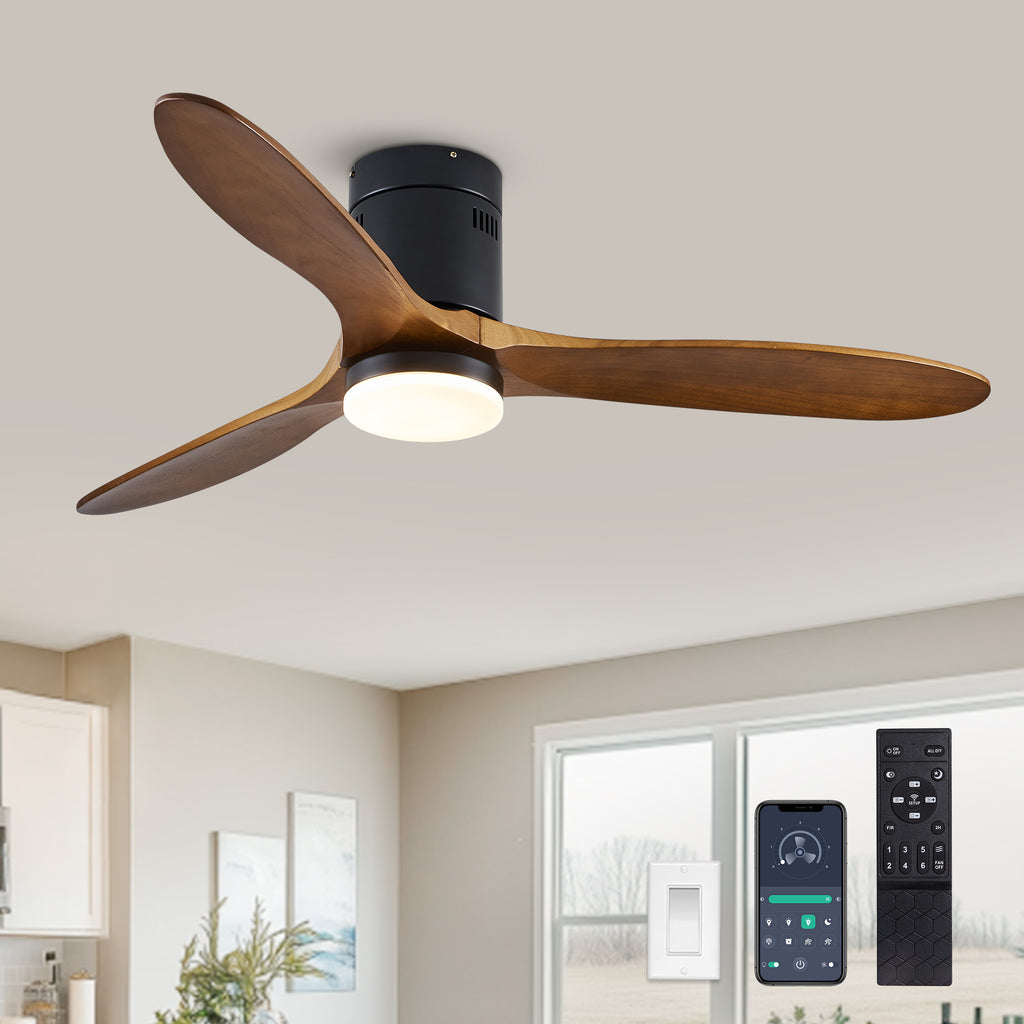 52" 3 -Blade Flush Mount Ceiling Fan with Light Kit, Remote Control and Quiet DC Motor for Bedroom