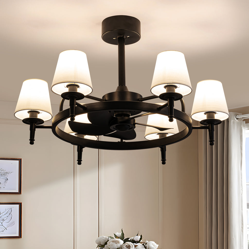 31.5" 6-light Wagon Wheel Ceiling Fan With Light Kit, Linen Shade, Dc Motor And Remote